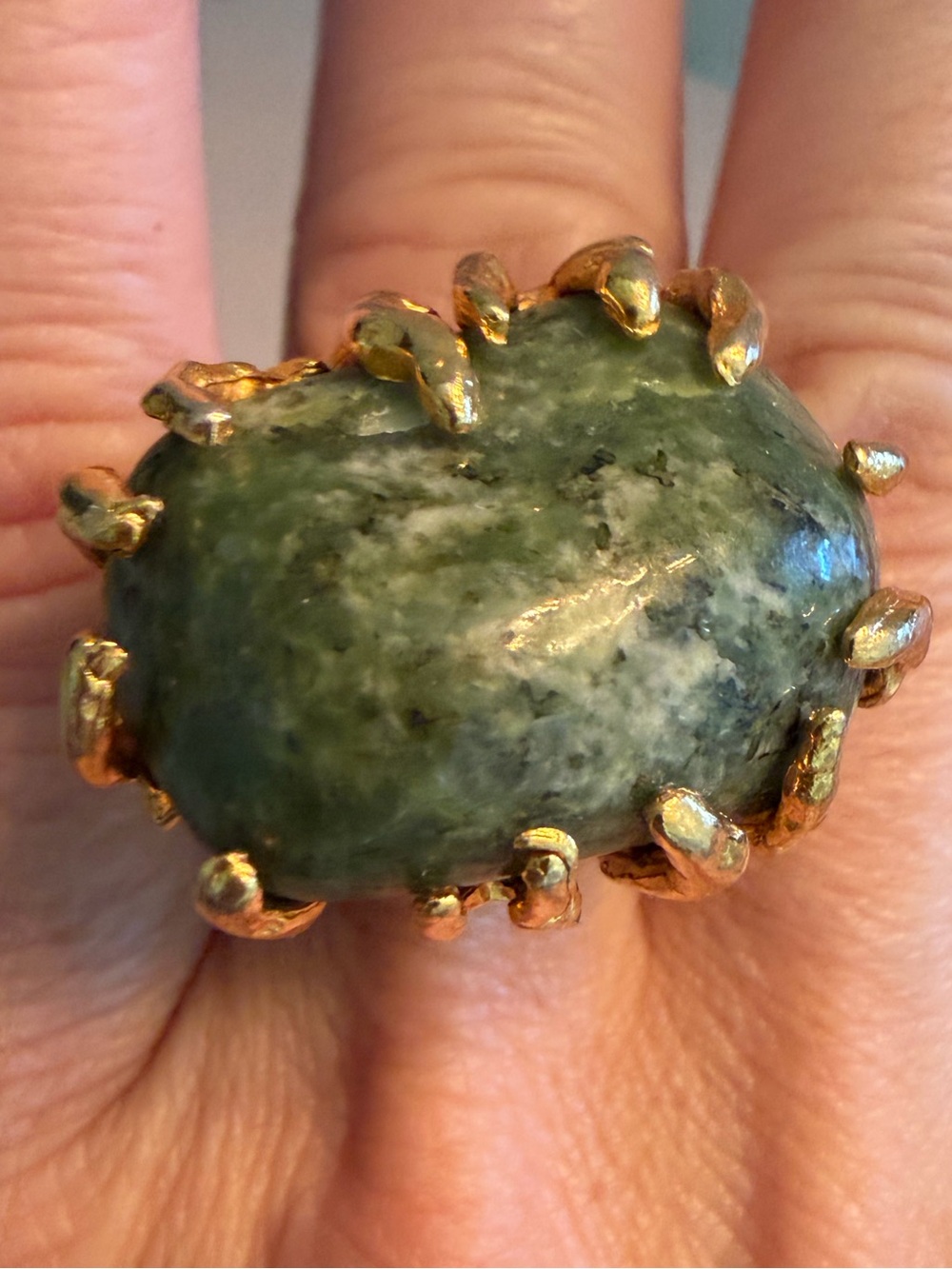 Vintage Brutalist Gold Tone and Oversized Green Stone Statement Ring